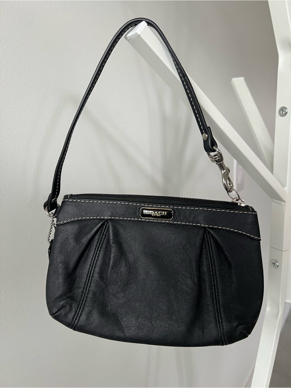 Coach Black Leather Pleated Wristlet with Silver Hardware